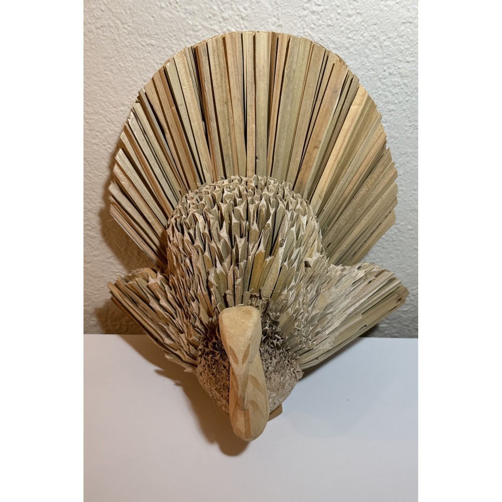 Corn Husk Wood Folk Art Turkey Harvest Rustic Centerpiece Figure Decor 14x13"